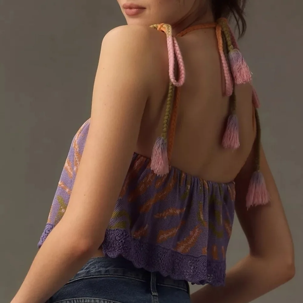 Anthropologie Flounce Knit Cropped Tassle Tank Top in Purple and Orange NWT